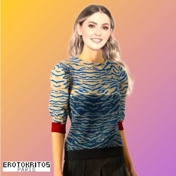 EROTOKRITOS-PARIS Abstract Zebra Jacquard Gradient Short Sleeve Top Sz M - Picture 2 of 6